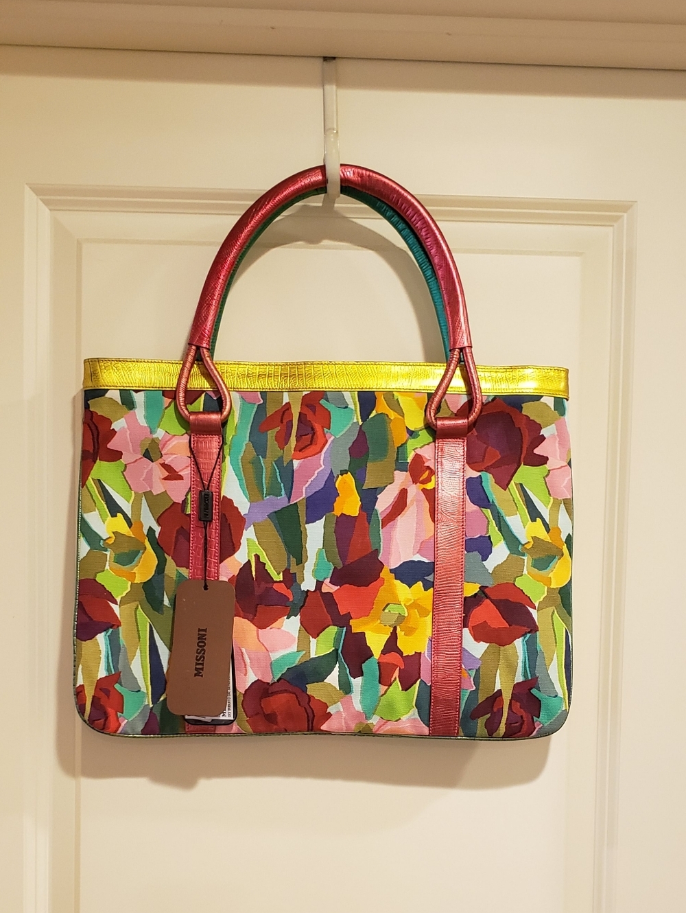 Vintage Missoni Multicolor Floral Print Tote with Teal Handles and Gold Trim